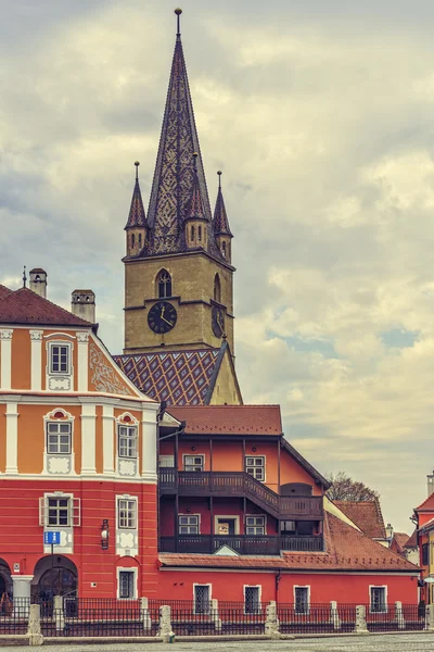 Evangélikus templom tornya, Sibiu, Románia — Stock Fotó