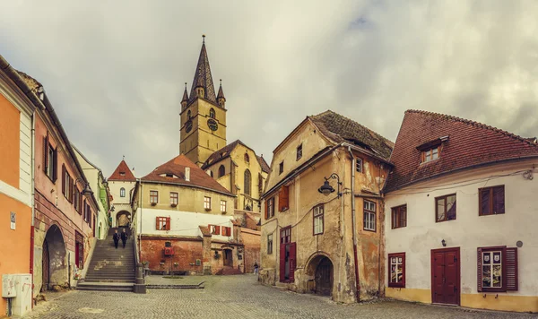 Evangélikus templom tornya, Sibiu, Románia — Stock Fotó