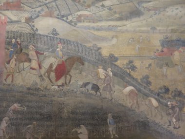 Siena, İtalya - yaklaşık Aralık 2014: Ambrogio Lorenzetti'yi 1285-1348, alegori iyi hükümet: iyi hükümet şehir hayatı, 1338 1340 üzerinde etkileri,