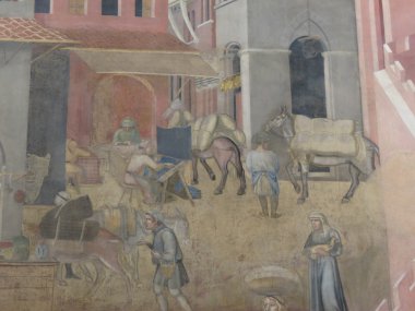 Siena, İtalya - yaklaşık Aralık 2014: Ambrogio Lorenzetti'yi 1285-1348, alegori iyi hükümet: iyi hükümet şehir hayatı, 1338 1340 üzerinde etkileri,