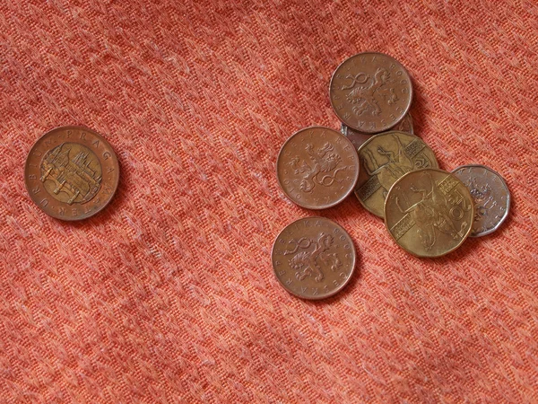 Corona Checa Czk Monedas Sobre Fondo Tela Naranja — Foto de Stock