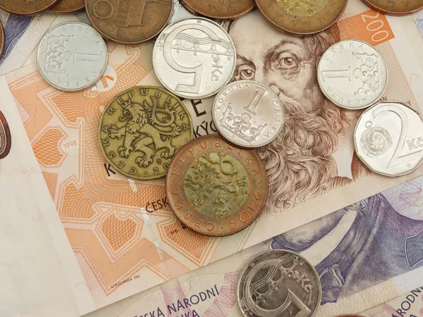 Korona czeska monety i banknoty — Zdjęcie stockowe