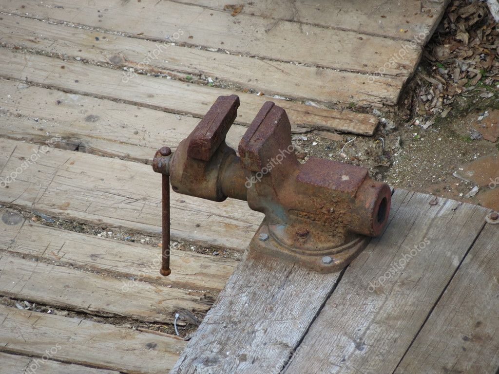Forged Steel Bench Vise Old Rusted Wooden Table Stock Photo