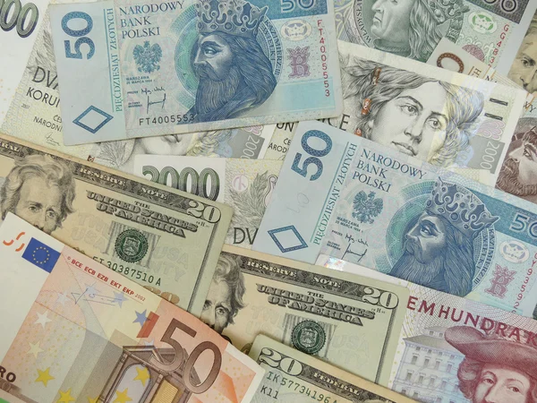 Smíšené Měny Poznámky Usd Eur Sek Pln Czk — Stock fotografie