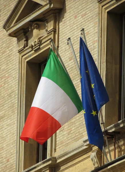 Italian national flag of Italy and European Union flag