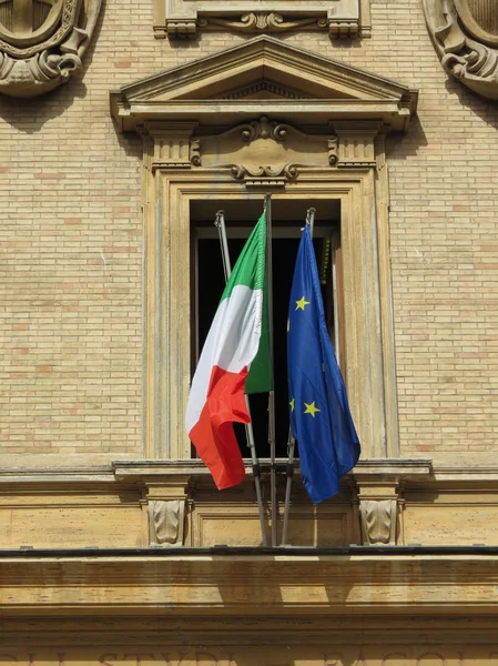 Italian national flag of Italy and European Union flag