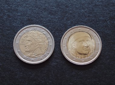 Euro coins issued by Italy to celebrate writers Dante Alighieri (1265-1321) and Giovanni Boccaccio (1313-1375) clipart