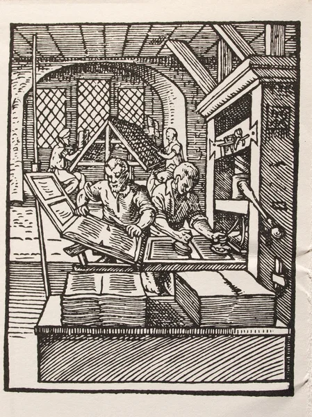1482 年に英国でリリース 新たに発明した印刷プロセスを表すウィリアム キャクストンによってイギリス 1482 木版画 — ストック写真