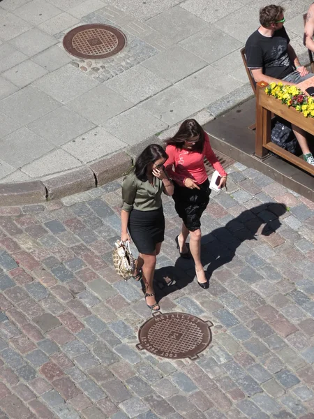 Tallinn Circa June 2012 Two Sexy Girlfriends Meeting Talking Together — Stock Photo, Image