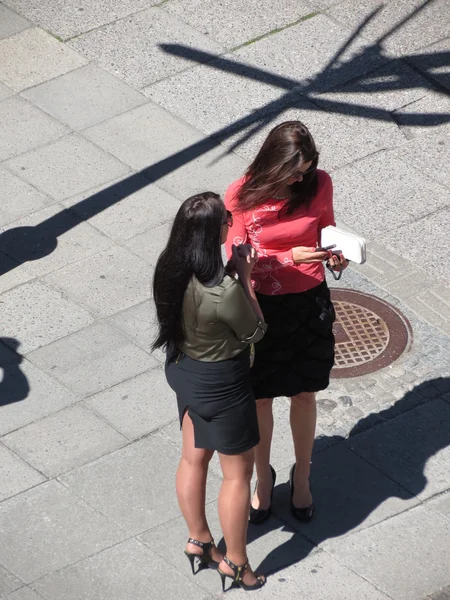 Tallinn Circa June 2012 Two Sexy Girlfriends Meeting Talking Together — Stock Photo, Image