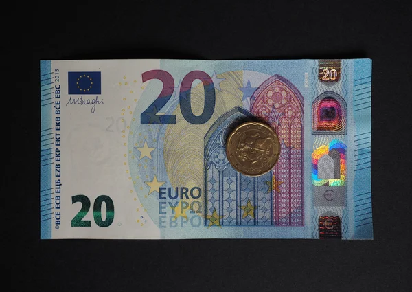 Veinte Billetes Euros Unión Europea Nuevo Diseño 2015 Con Moneda —  Fotos de Stock