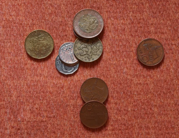 Τσεχική Κορώνα Czk Κέρματα Πέρα Από Υπόβαθρο Πορτοκαλί Ύφασμα — Φωτογραφία Αρχείου