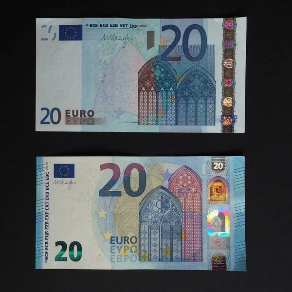 Vingt Billets Euros Monnaie Union Européenne Ancien 2002 Nouveau 2015 — Photo