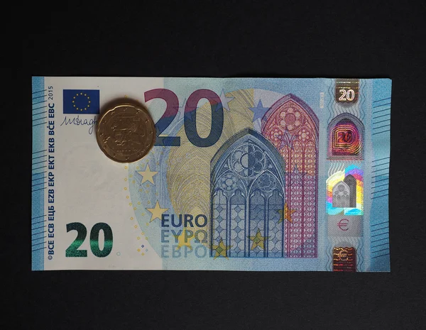 Vinte Notas Euro União Europeia Novo Desenho 2015 Com Moedas — Fotografia de Stock