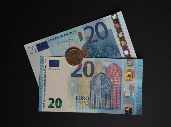 Veinte Billetes Euros Unión Europea Antiguos 2002 Nuevos 2015 Diseños —  Fotos de Stock