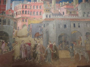 Siena, İtalya - yaklaşık Aralık 2014: Ambrogio Lorenzetti'yi 1285-1348, alegori iyi hükümet: iyi hükümet şehir hayatı, 1338 1340 üzerinde etkileri,