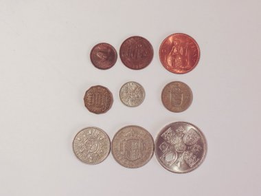 önceden ondalık gbp İngiliz Sterlini paralar (İngiltere para birimi), ondalık - gün (15 Şubat 1971) - metelik, yarı-penny, penny, üç peni, altı peni, şilin, iki şilin önce kullanma