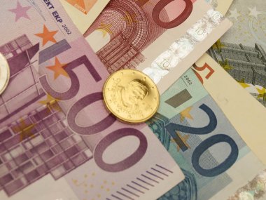 Euro (Eur) banknot ve madeni paralar para bir arka plan veya para kavram - Vatikan (Papa Benedict XVI üzerinden bir sikke olarak yararlı)