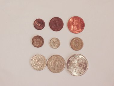 önceden ondalık gbp İngiliz Sterlini paralar (İngiltere para birimi), ondalık - gün (15 Şubat 1971) - metelik, yarı-penny, penny, üç peni, altı peni, şilin, iki şilin önce kullanma