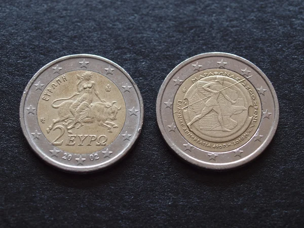 Moneda griega EUR ordinaria y moneda de aniversario de la Batalla de Maratón —  Fotos de Stock