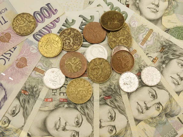 チェコの Korunas チェコスロバキア共和国の法貨 チェコ コルナ紙幣と硬貨 — ストック写真