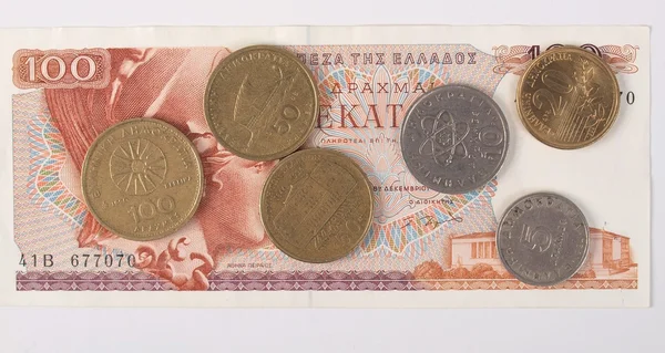 Řeckých Drachmách Bankovky Mince — Stock fotografie