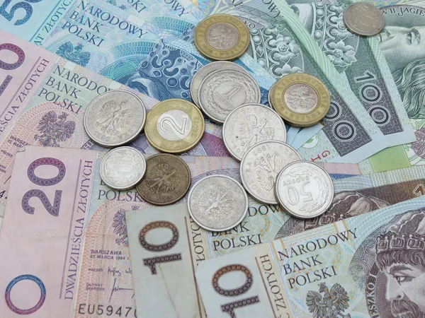 波兰兹罗提 Pln 纸币与硬币 — 图库照片
