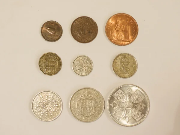 预十进制 Gbp 英镑硬币 联合王国货币 在使用前十进制 1971 文铜钱的四分之一 半分钱 一分钱 三便士 — 图库照片