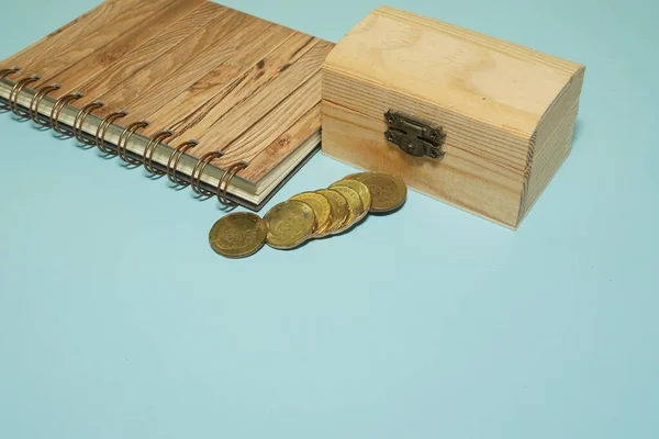 Wood Box Coins Isolated Blue Background — Stock Photo, Image