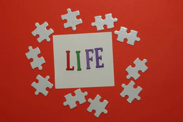Life Mot Avec Puzzle Sur Fond Rouge — Photo
