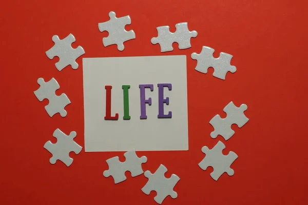 Life Mot Avec Puzzle Sur Fond Rouge — Photo