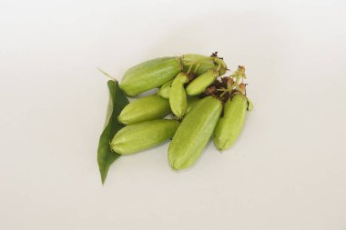 Averrhoa bilimbi (yaygın olarak bilimbi, salatalık ağacı ya da ağaç kuşu olarak bilinir) beyaz arka planda