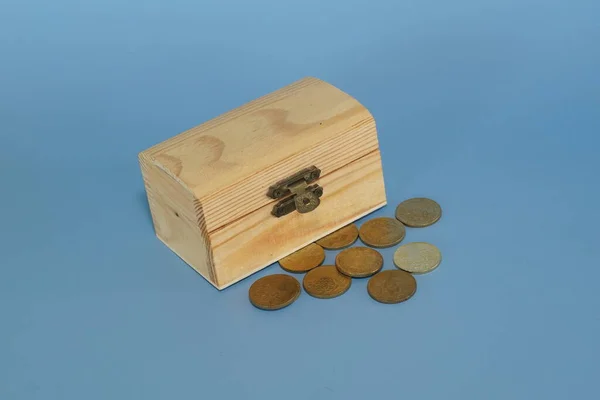 Coins Wood Box Blue Background — Stock Photo, Image