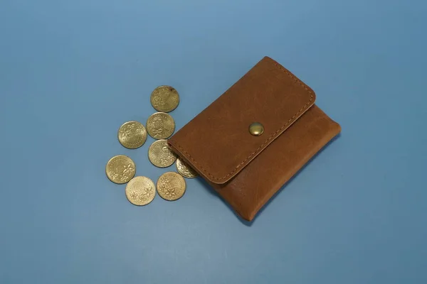 coins with purse on blue background