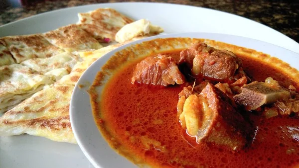 Curry Agneau Avec Roti Canai Pain Parata Célèbre Petit Déjeuner — Photo