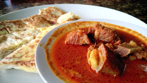 Curry Agneau Avec Roti Canai Pain Parata Célèbre Petit Déjeuner — Photo