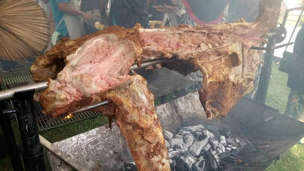 Delicioase Miel Taie Bucăți Carne Fiind Grătar Sub Flăcări — Fotografie, imagine de stoc