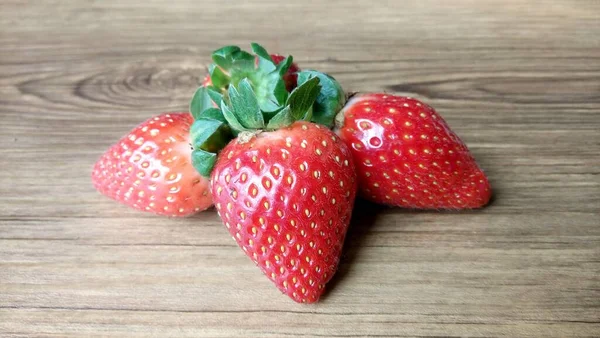 Close Seup View Delicious Fresh Ripe Strawberry Wood Background — Stok Foto