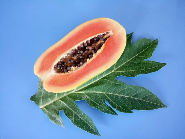 Primer Plano Fruta Papaya Sobre Fondo Azul — Foto de Stock