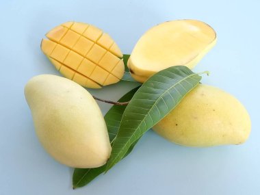 Mavi arka planda doğranmış mango.