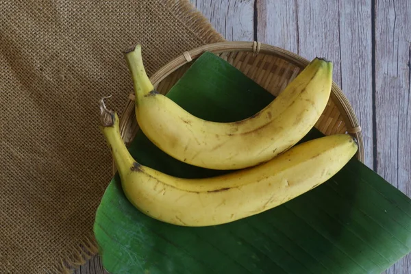 Banana Fruits Leaf Wooden Background — Stock Photo, Image