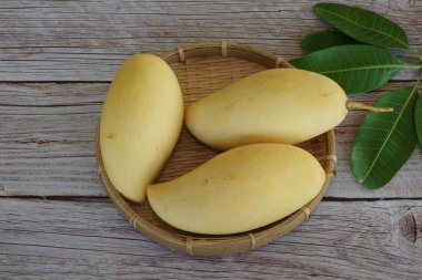 Ahşap arka planda sarı mango