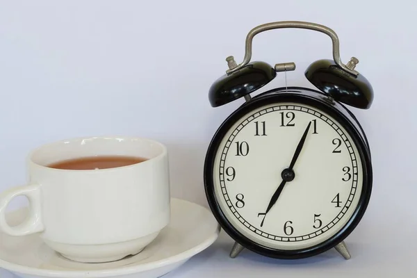 Cup Tea Alarm Clock White Background — Fotografia de Stock