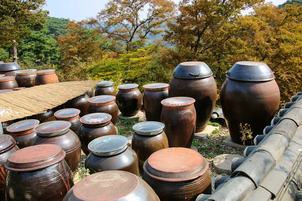 Dozens Large Clay Pots Hold Fermenting Kimchi Territory Jeondeungsa Temple — Stock Photo, Image