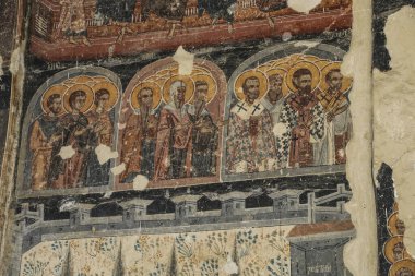 Fruska Gora Ulusal Parkı, Voyvodina, Sırbistan 'daki Krusedol Manastırı' ndaki şapelin duvarında Fresco resmi