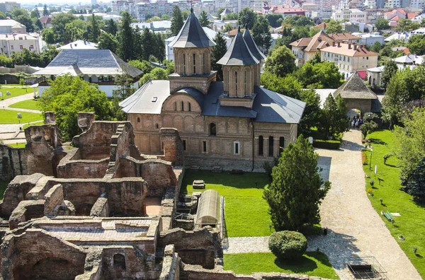 Panorama Des Ruines Vieux Château Église Orthodoxe Complexe Monumental Curtea — Photo