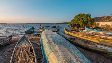 Bir grup renkli kır teknesi balık tutma faaliyetlerinden hemen sonra bir plajda dinleniyor.
