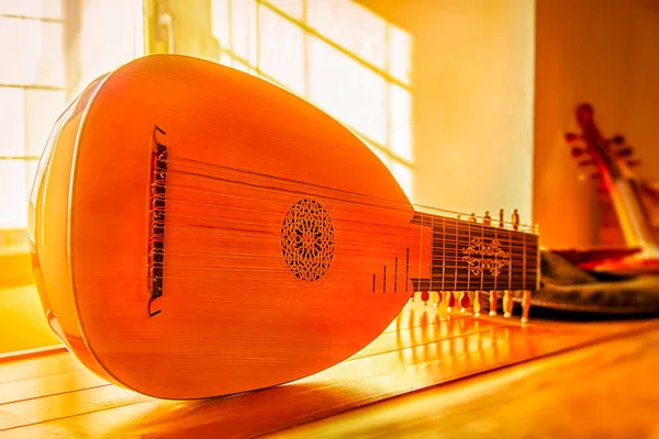 Foco Suave Medieval Mandolin Close Foco Seletivo Brilho Dourado Dos — Fotografia de Stock