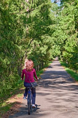 Bisikletli bir kız yaz parkında geziyor. Arka görünüm