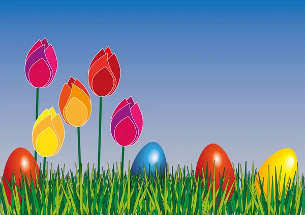 Tulipanes en un prado wiht huevos de Pascua — Vector de stock